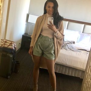 Sage green faux leather paper bag shorts with belt size S